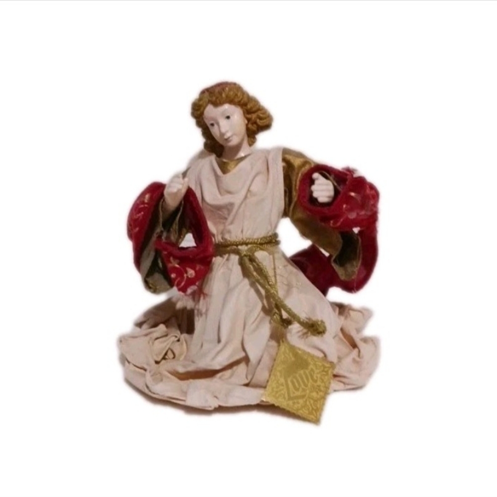 Midwest Importers Kneeling Angel Tree Topper 6" Fabric Mache Red Gold Victorian